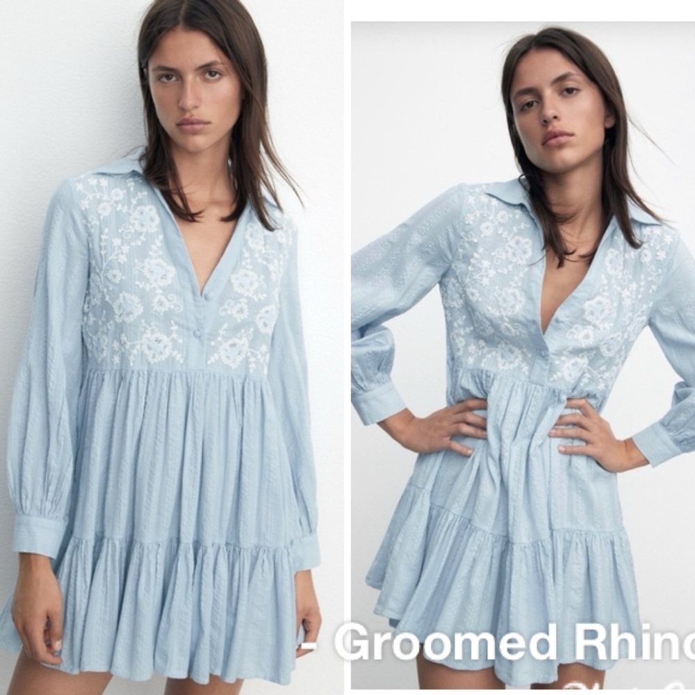 Zara Light Blue Embroidered Tiered Mini Dress Size M